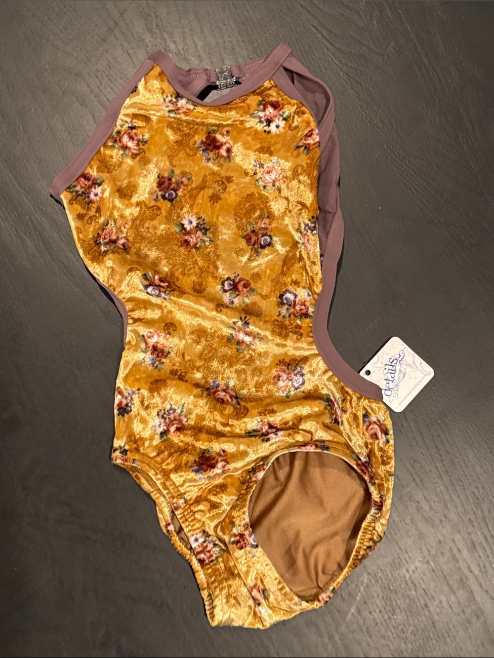 Kids Floral Velvet One-Piece Leotard in Mustard with Mauve Trim